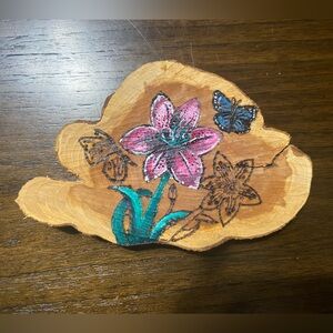 Lily wood natural cedar wood wood burning and painting